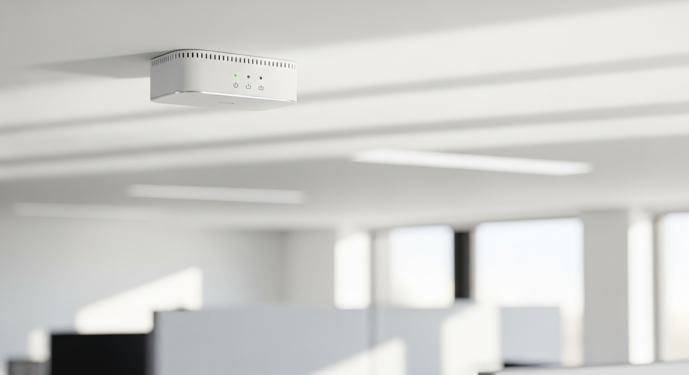 Zakelijk WiFi access point gemonteerd aan een kantoorplafond